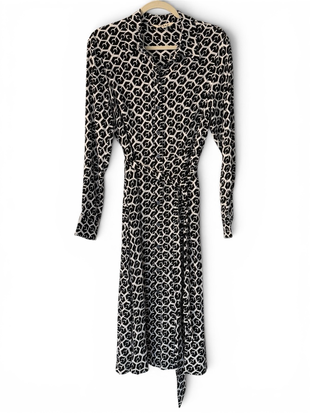 Boden Kate Black and White Geometric Print Belted Shirt Dress Midi Length Size 8